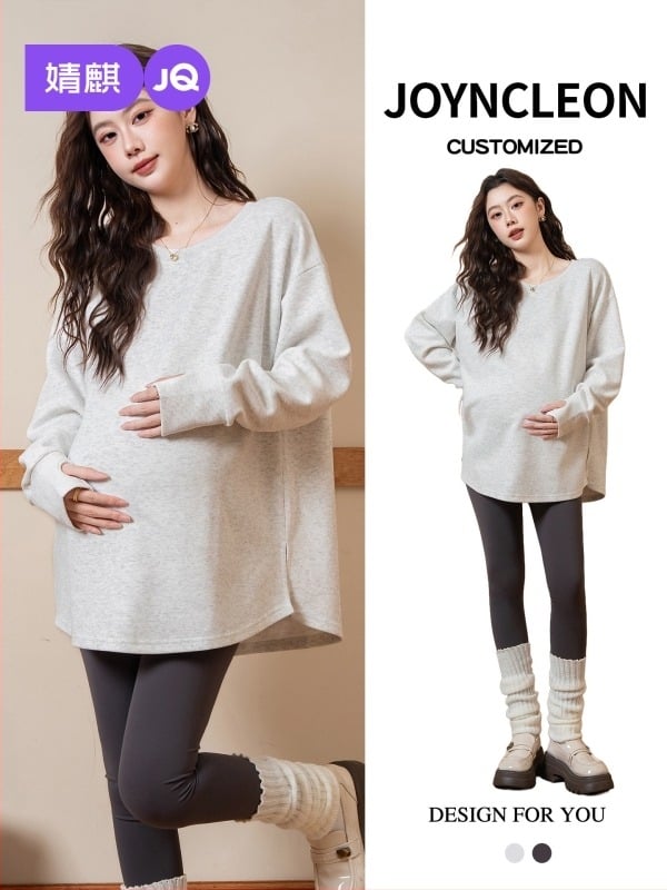 Trudnički hoodie pulover za žene, slobodan kroj, okrugli izrez, dugi rukavi, srednja duljina, pamuk-poliester smjesa