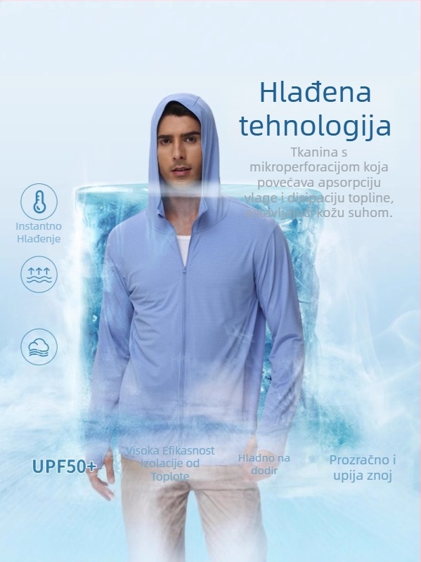 Muška ljetna windbreaker jakna s UV zaštitom i kapuljačom, tanak najlonski blend, 90% poliestera / 10% spandeksa, bočne džepove, zatvarač, SPF 50+