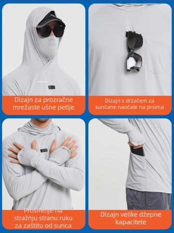 Ribolovna jakna s UV zaštitom i kapuljom – UPF50+, brzo suši, prozračna, odvlači vlagu (80% poliester, 20% elastan)