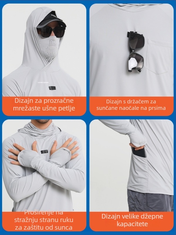 Ribolovna jakna s UV zaštitom i kapuljom – UPF50+, brzo suši, prozračna, odvlači vlagu (80% poliester, 20% elastan)