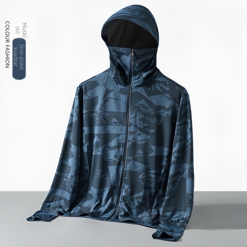 Muška ljetna tanka jakna s kapuljom i kamuflažnim uzorkom, UPF50+ zaštita od sunca, lagani poliester, bočne džepove sa zatvaračem