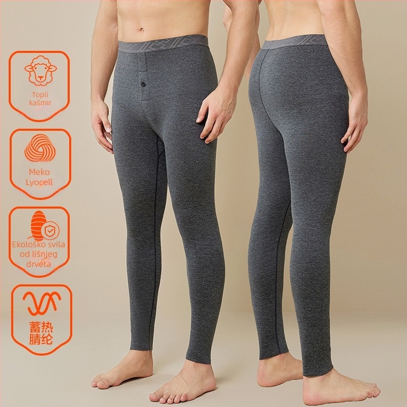 Muške duge termalne gaće s flisom, oblikovanje tijela, poliester, srednja debljina 181-200 g/m2, jednodjelni, jednobojni uzorak