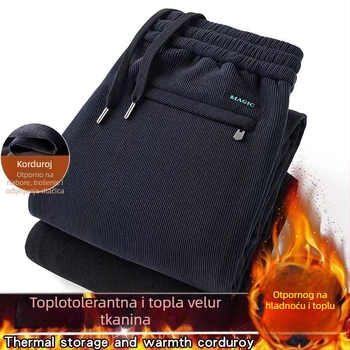 Muške casual hlače - korduroj, fleece podstava, ravni kroj, srednji pojas, zatvaranje šnira, zimske