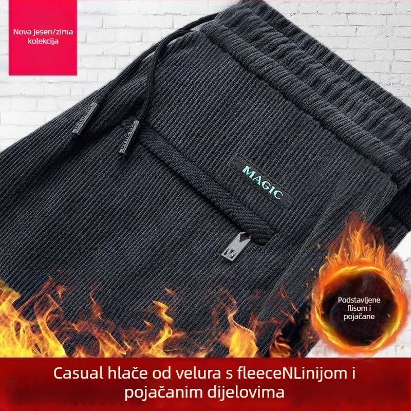 Muške casual hlače - korduroj, fleece podstava, ravni kroj, srednji pojas, zatvaranje šnira, zimske