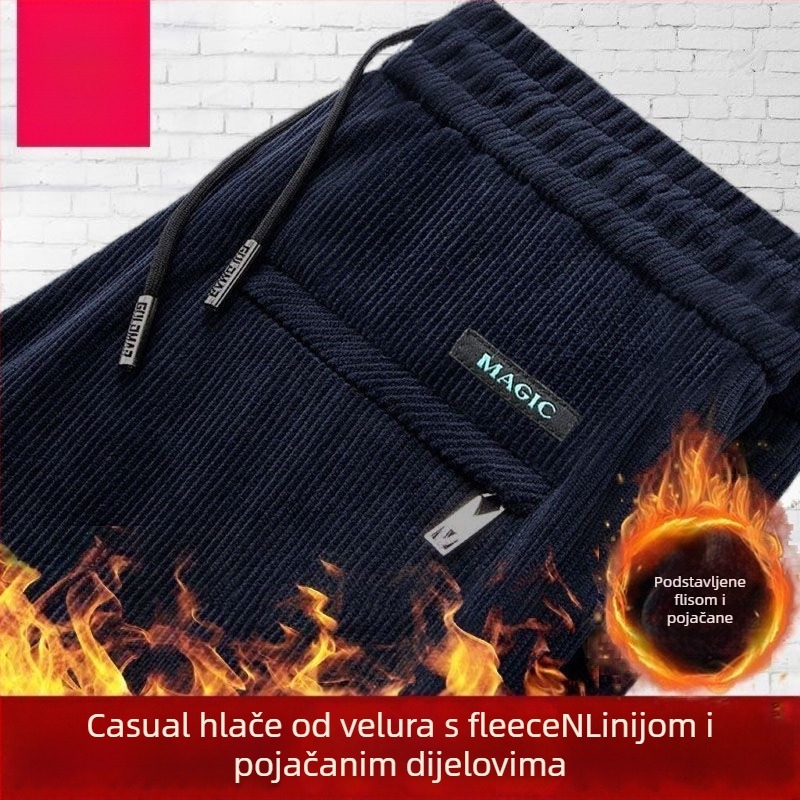 Muške casual hlače - korduroj, fleece podstava, ravni kroj, srednji pojas, zatvaranje šnira, zimske