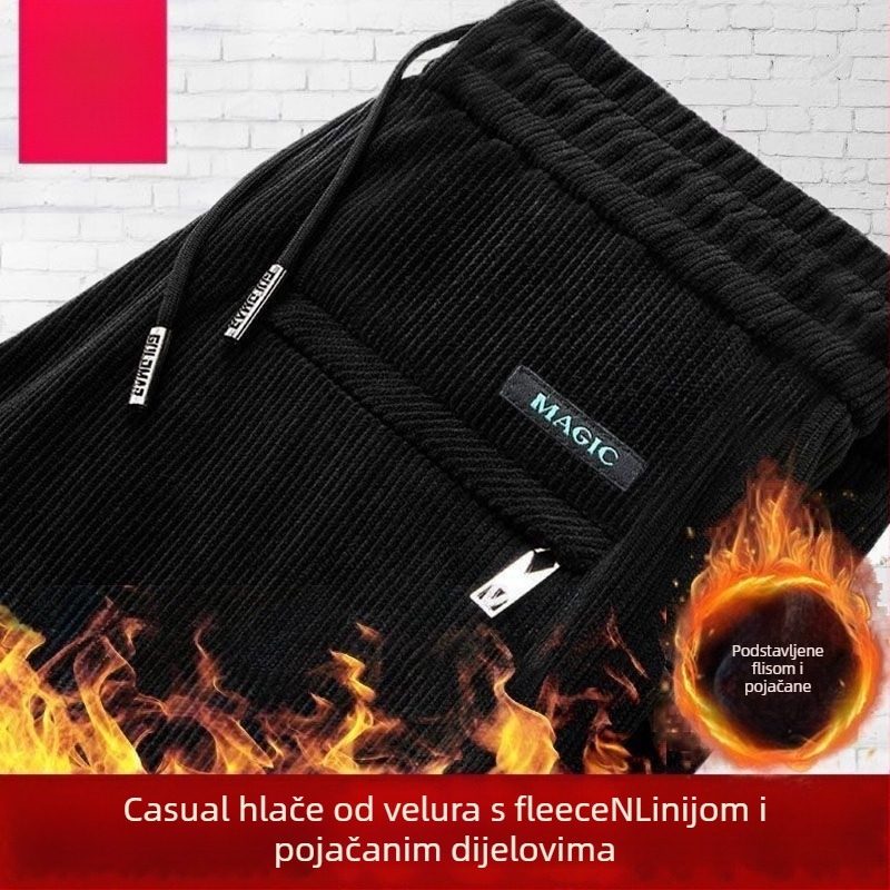 Muške casual hlače - korduroj, fleece podstava, ravni kroj, srednji pojas, zatvaranje šnira, zimske