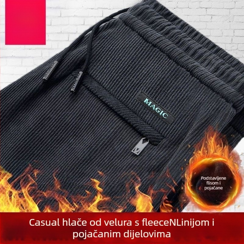 Muške casual hlače - korduroj, fleece podstava, ravni kroj, srednji pojas, zatvaranje šnira, zimske