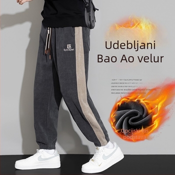 Corduroy radne hlače s flis podstavom, prugasti uzorak, elastičan srednji pojas, ravni kroj