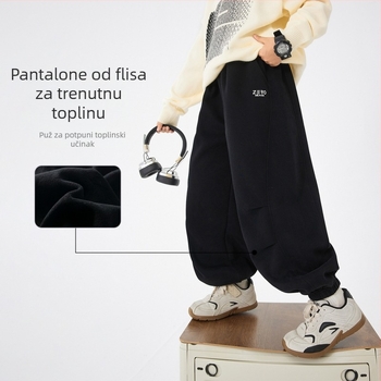 Dječje zimske trenirke hlače za dječake s flisom, 52% pamuk, srednji pojas, mekana tkanina, zima 2025