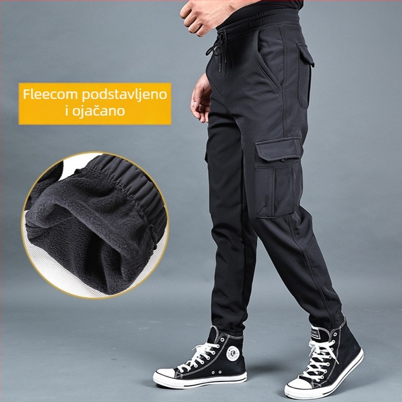 Radničke casual hlače s fleece podstavom, ravni kroj, srednji struk s remenom i vezicom, elastan-poliester materijal, zimske