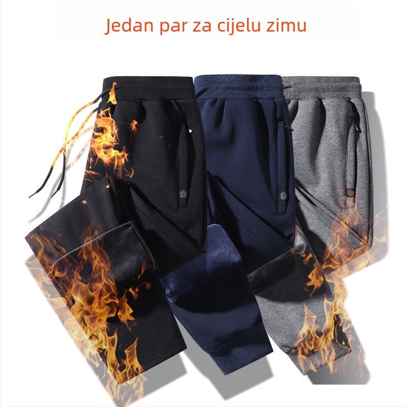 Muške sportske hlače casual stila u korejskom dizajnu, flis unutrašnjost, slobodan kroj, srednje visine struka, pamukova smjesa (95% pamuk, 5% elastan)