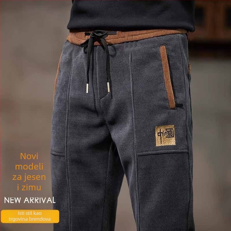 Muške široke hlače od corduroya, srednji pojas, jednofarebne, sportski stil