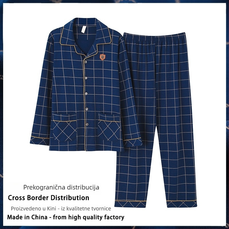 Muški pamučni kućni set s dugim rukavima i V izrezom, srednje debela tkanina 181-200 g/m2, hlače