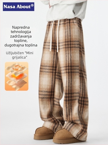 Muške zimske casual hlače s kariranim uzorkom, opuštenog ravnog kroja, srednji pojas, vezice za vezivanje, debeli poliester materijal