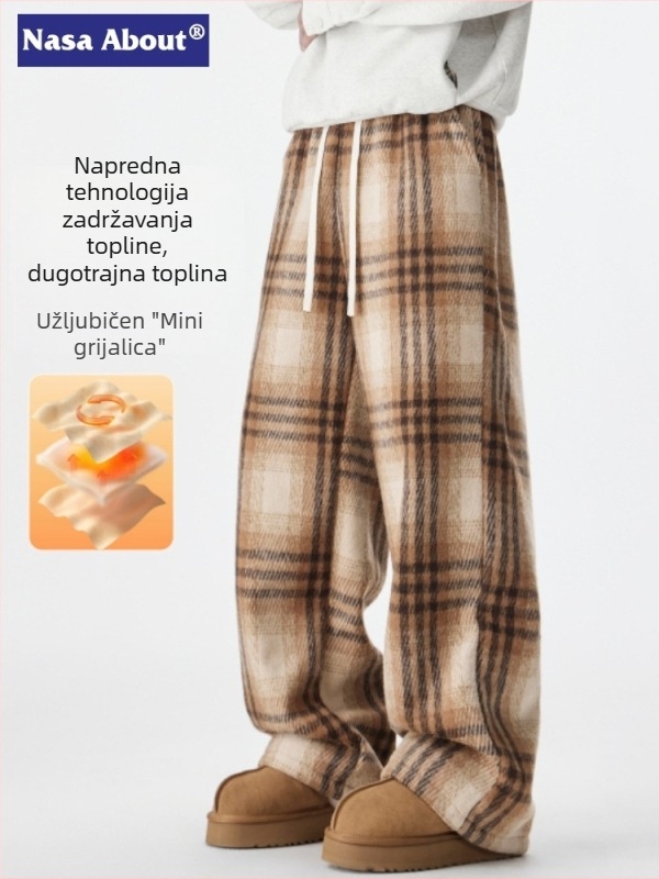 Muške zimske casual hlače s kariranim uzorkom, opuštenog ravnog kroja, srednji pojas, vezice za vezivanje, debeli poliester materijal