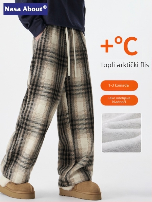 Muške zimske casual hlače s kariranim uzorkom, opuštenog ravnog kroja, srednji pojas, vezice za vezivanje, debeli poliester materijal