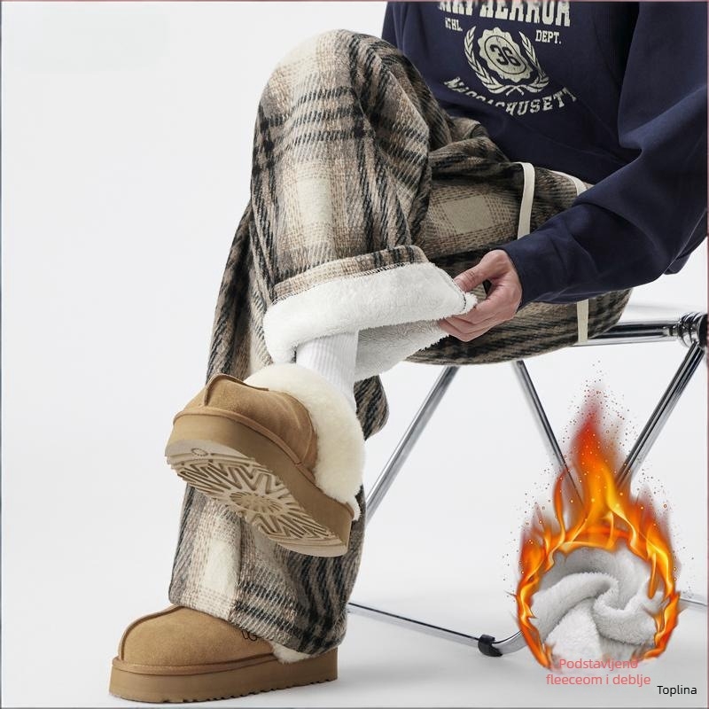 Muške zimske casual hlače s kariranim uzorkom, opuštenog ravnog kroja, srednji pojas, vezice za vezivanje, debeli poliester materijal