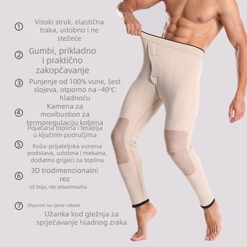 Muške vunene termalne hlače s integriranim koljenim zaštitnicima, fleece podstava, trostruka konstrukcija, 100% vuna, 501-600 g/m²