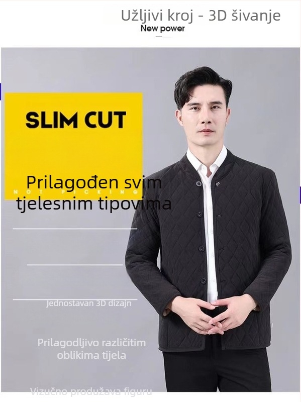 Muška zimska jakna od pamuka s fleec podstavom, stojeći ovratnik, dugi rukavi, normalna kroja, bočne džepove, jednobordno kopčanje, standardna duljina