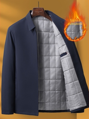 Muška zimna jakna s debelim punjenjem i poliesterom, ovratnik s reverom, zatvarač, slobodan kroj, jednobojna boja