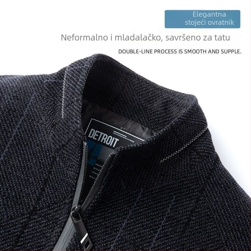 Muška jakna od lanenog smjese za proljeće i jesen, stojeći ovratnik, zip, široka kroj, više džepova