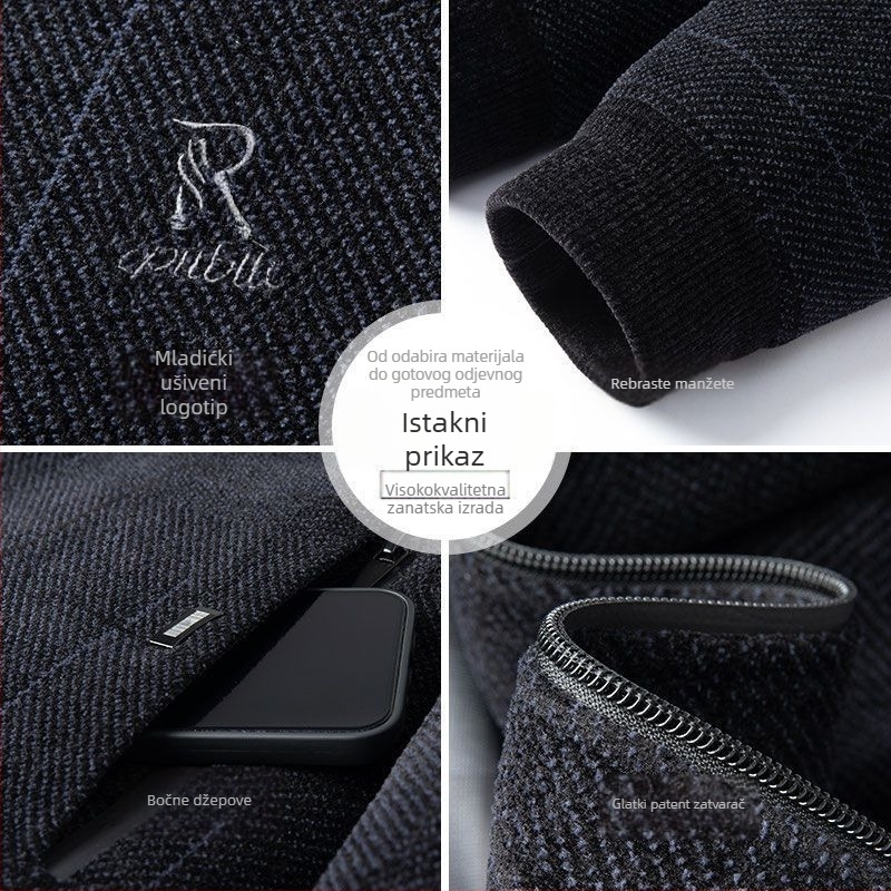 Muška jakna od lanenog smjese za proljeće i jesen, stojeći ovratnik, zip, široka kroj, više džepova