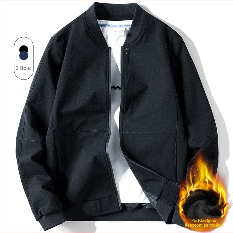 Jakna u korejskom stilu sa stojećim ovratnikom, prednji zatvarač, dugi rukavi, jednobojna