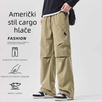 Muške cargo radne hlače, opuštene ravne kroja, srednji pojas, zatvaranje vezicama, poliester