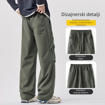 Muške cargo radne hlače, opuštene ravne kroja, srednji pojas, zatvaranje vezicama, poliester
