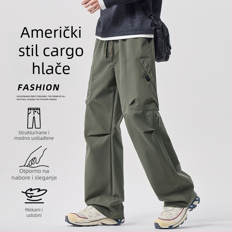 Muške cargo radne hlače, opuštene ravne kroja, srednji pojas, zatvaranje vezicama, poliester