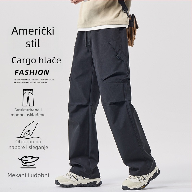 Muške cargo radne hlače, opuštene ravne kroja, srednji pojas, zatvaranje vezicama, poliester