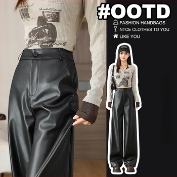 PU kožne široke hlače, srednji porast struka, debeli materijal, jesen-zima 2025, street style casual hlače