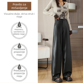 PU kožne široke hlače, srednji porast struka, debeli materijal, jesen-zima 2025, street style casual hlače