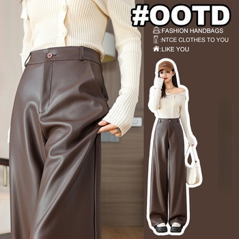 PU kožne široke hlače, srednji porast struka, debeli materijal, jesen-zima 2025, street style casual hlače