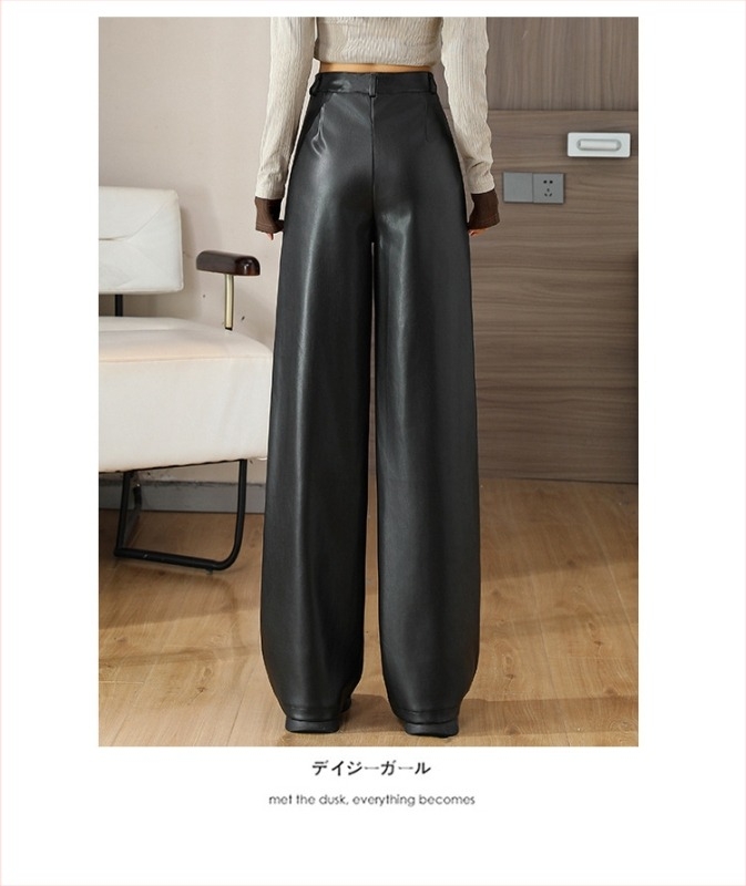 PU kožne široke hlače, srednji porast struka, debeli materijal, jesen-zima 2025, street style casual hlače