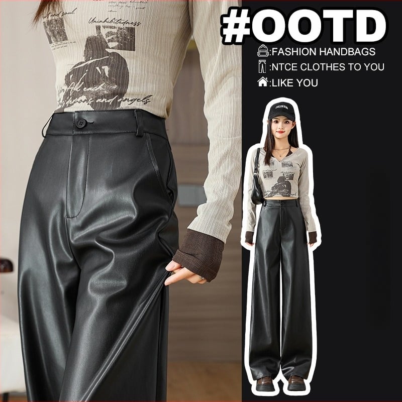 PU kožne široke hlače, srednji porast struka, debeli materijal, jesen-zima 2025, street style casual hlače