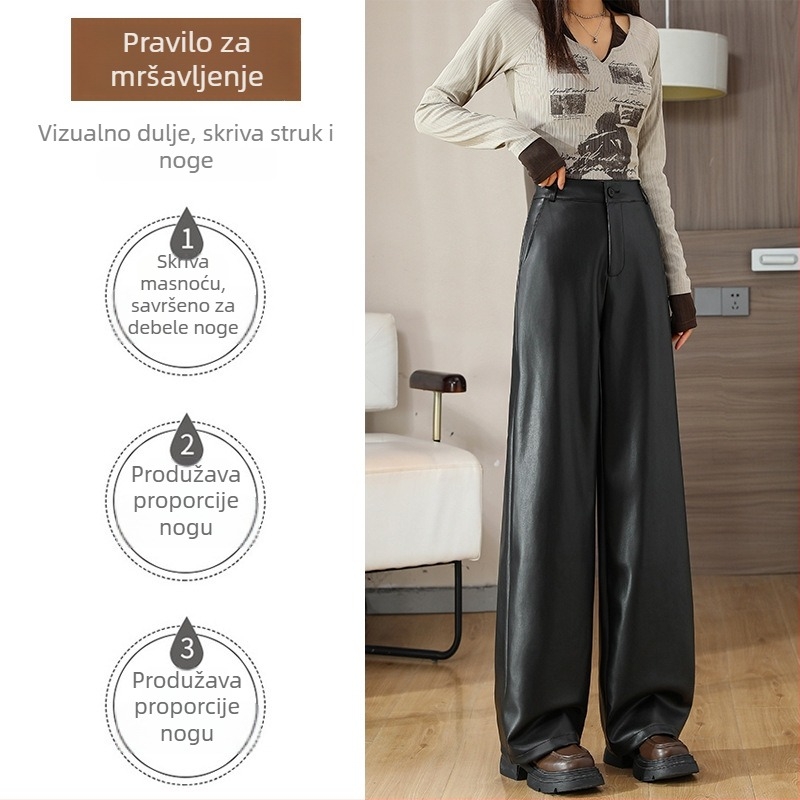 PU kožne široke hlače, srednji porast struka, debeli materijal, jesen-zima 2025, street style casual hlače