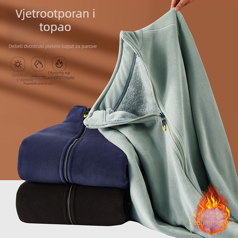 Dvostruki flis kardigan s stojećim ovratnikom, zatvaračem sprijeda, dugi rukavi, debeli poliester, unisex (za muškarce i žene)