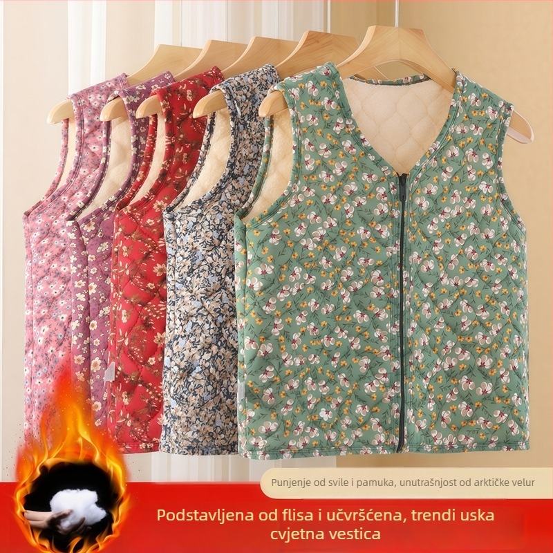 Ženska veste s flisom, cvjetni uzorak, opušteni japansko-korejski stil, poliester 50–70% smjesa