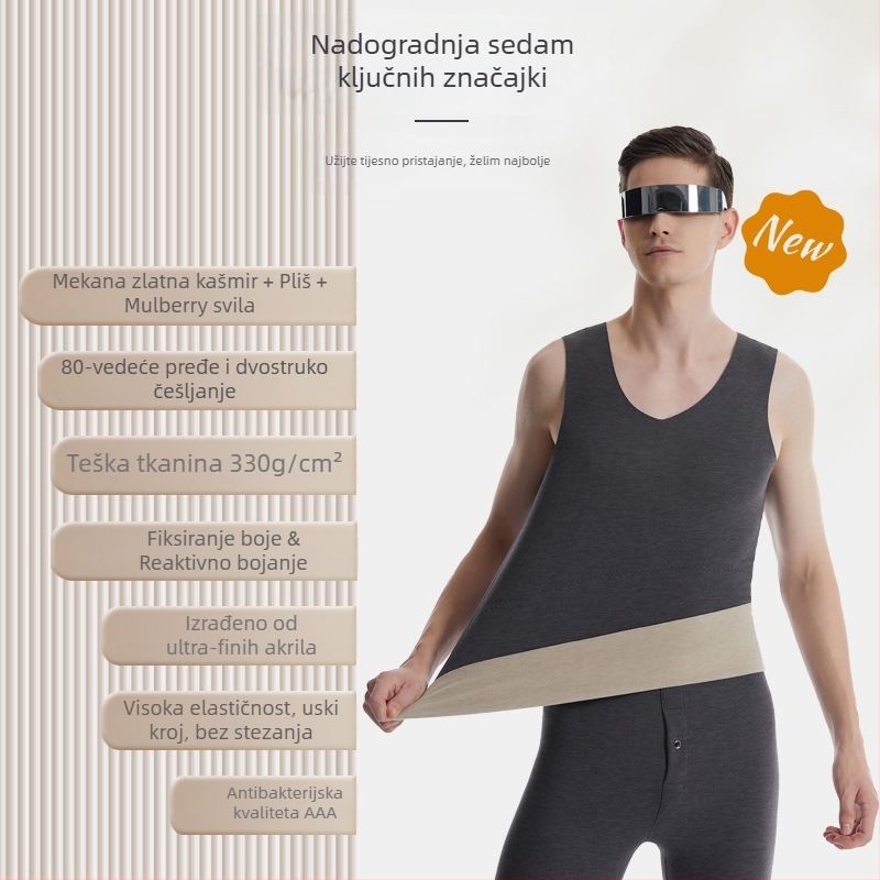 Termalna vesta od kašmira i svile, bezšivna, okrugli vrat, iznimno debeli materijal 301–350 g/m², pogodna za vanjsku upotrebu