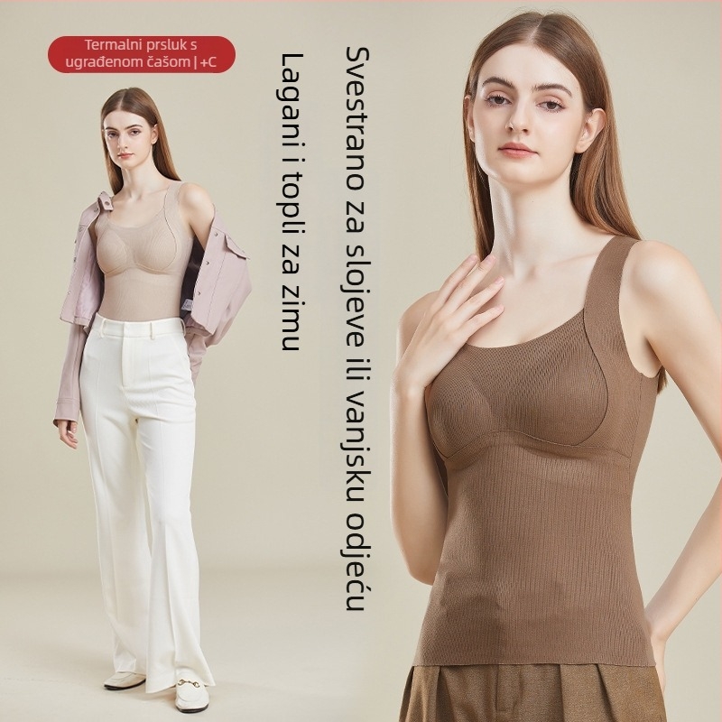 Ženska termalna vest, debeli poliester, flis podstava, integrirani cups i jastučić za prsni koš, čvrst jastučić, jesen-zima