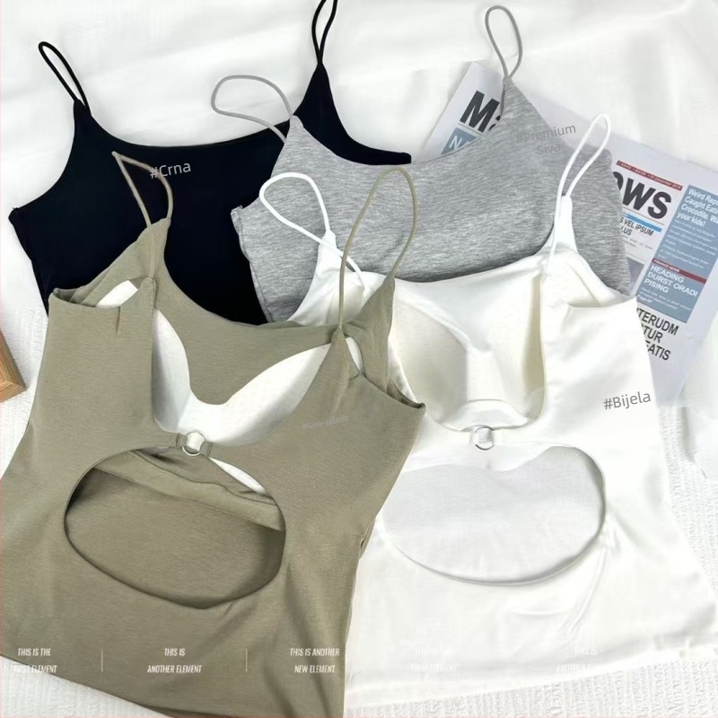 Kamisol s izrezom na leđima i jastučićima za grudi, uski kroj, naramenice sling, okrugli izrez, viskoza 70–80%, pogodan za sve sezone