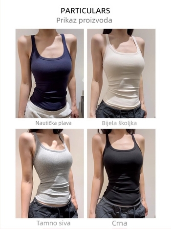 Ženski camisole u američkom stilu, lagani ljetni top bez rukava s ugrađenom jastučićem za grudi, halter-neck, uski kroj, jednobojan, duljina 50-65 cm, tkanina pamuk–viskoza–elastan