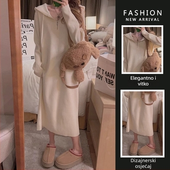 Trudnička pletena haljina s kapuljačom, sirena kroj, dugi rukavi