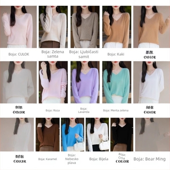 Ženski pulover od vune 95%+, V-izrez, slobodan kroj, dugi rukavi, duljina 50–65 cm