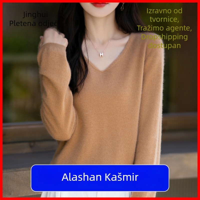 Ženski pulover od vune 95%+, V-izrez, slobodan kroj, dugi rukavi, duljina 50–65 cm