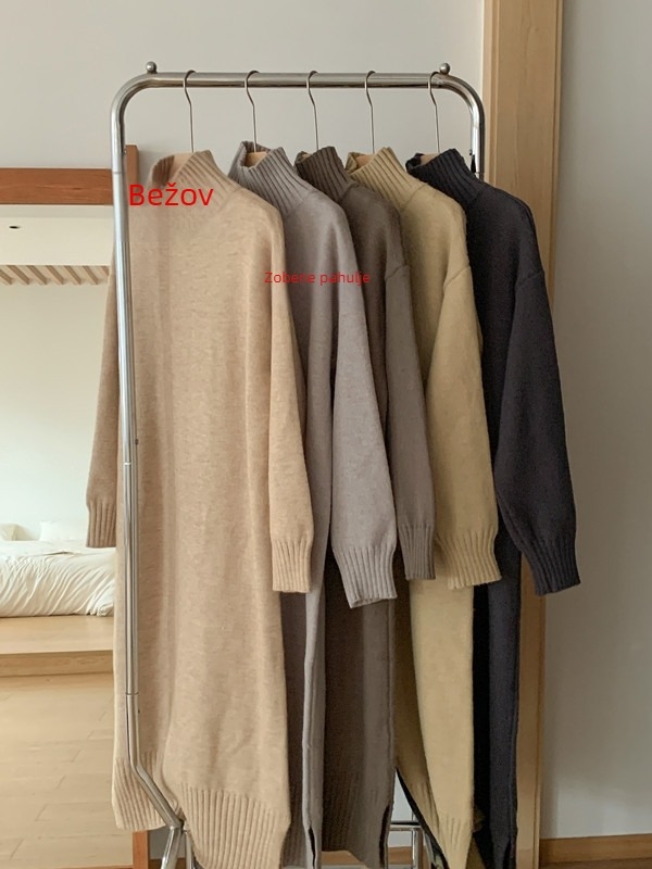 Haljina s visokim ovratnikom od pletenog pulovera i duga suknja, labav struk, dugi rukavi, poliester-elastan pleteni materijal, jesen 2024