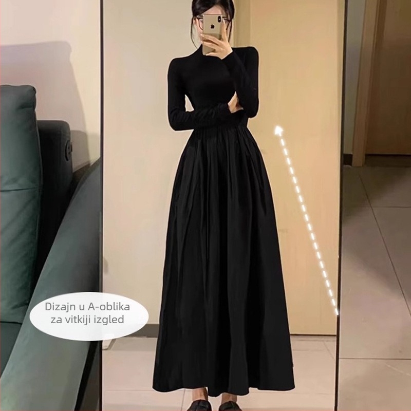 Pletena haljina s dugim rukavima, Hepburn stil, visokim strukom s elastičnim pojasom, poluotvoreni ovratnik, jesensko-zimska kolekcija
