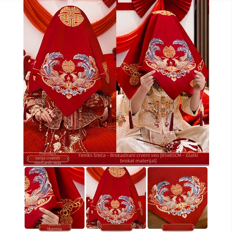 Vjenčani šal za glavu s ušivenim satenom za tradicionalnu kinesku svadbenu odjeću (Materijal: satin vezen; Upotreba: vjenčanje; Kategorija: Ostale svadbene potrepštine)