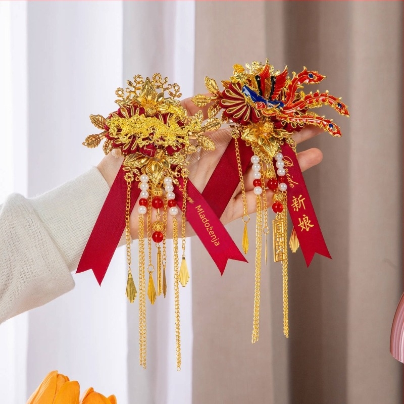Vjenčani corsage s dragonom i feniksom, kineski stil, materijal: traka, strojna izrada, za vjenčanja, cijeli porodični set